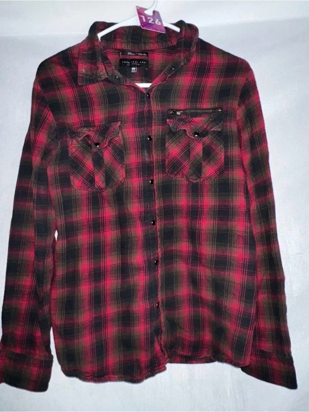 Women’s Medium Red and Black Plaid Button-Up Shirt with black pear snaps
